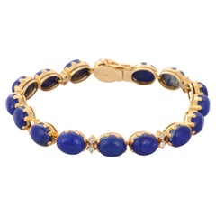 14K Yellow Gold Oval 34.6 ct Lapis Lazuli and Diamond Tennis Bracelet