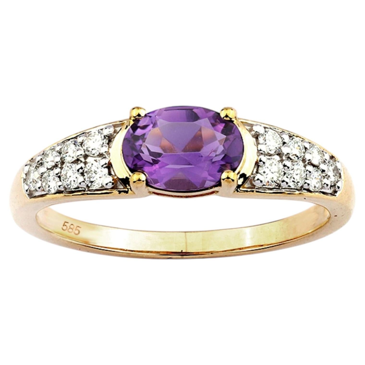 14K Yellow Gold Oval Amethyst and Diamond Accent Ring