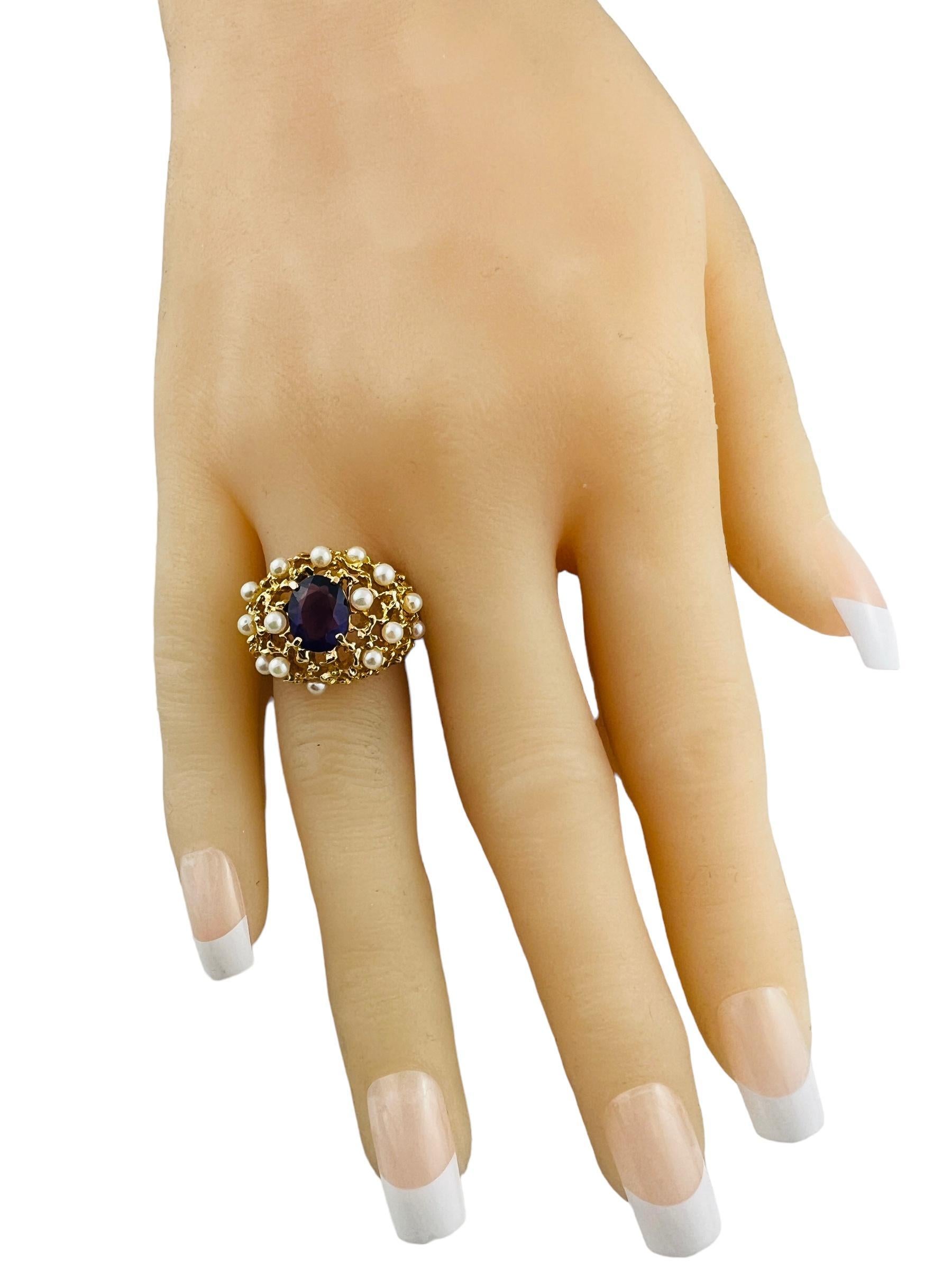 14K Yellow Gold Oval Amethyst and Pearl Dome Ring Size 6.75 #15677 For Sale 1