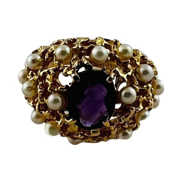 14K Gelbgold Oval Amethyst und Perle Dome Ring Größe 6,75 #15677