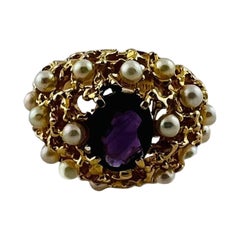 14K Gelbgold Oval Amethyst und Perle Dome Ring Größe 6,75 #15677