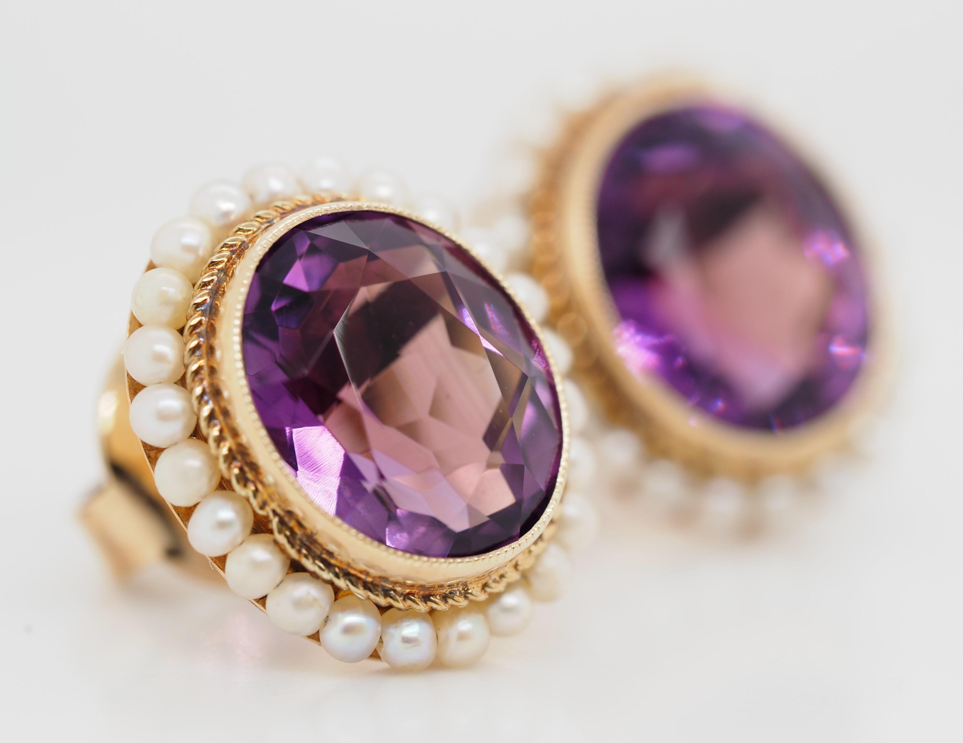 Victorian 14k Yellow Gold Oval Amethyst Earrings Bezel Set and Framed by Pearls