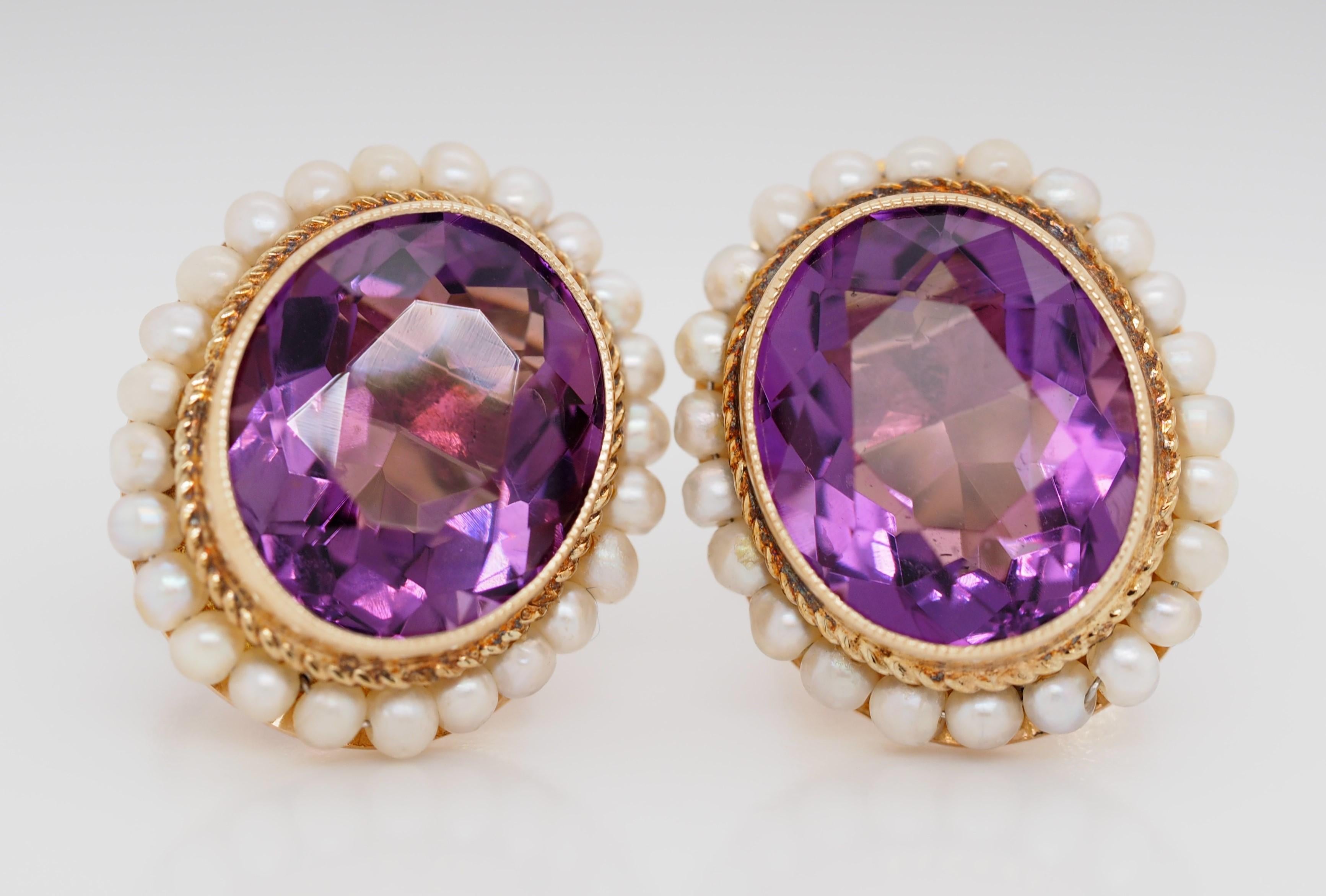 14k Yellow Gold Oval Amethyst Earrings Bezel Set and Framed by Pearls 1