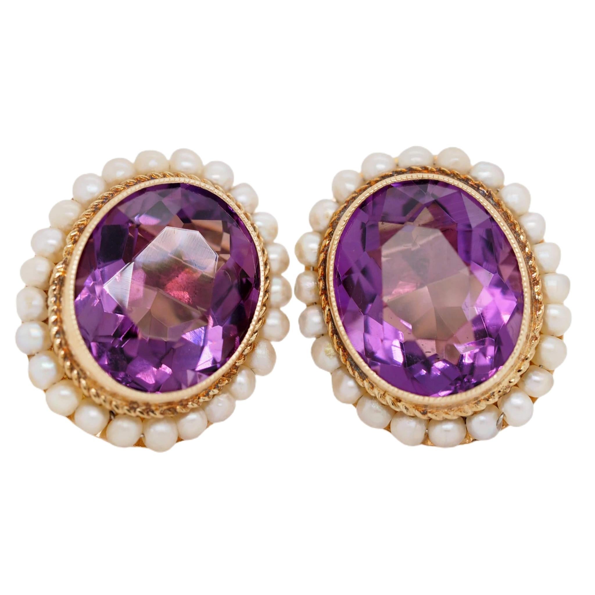 14k Yellow Gold Oval Amethyst Earrings Bezel Set and Framed by Pearls