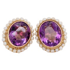 Vintage 14k Yellow Gold Oval Amethyst Earrings Bezel Set and Framed by Pearls