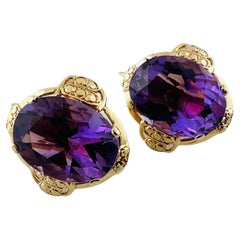 14K Yellow Gold Oval Amethyst Ornate Earrings #16482