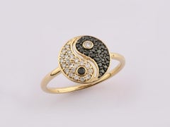 14K Yellow Gold Oval Black and White Diamond Yin Yang Statement Ring
