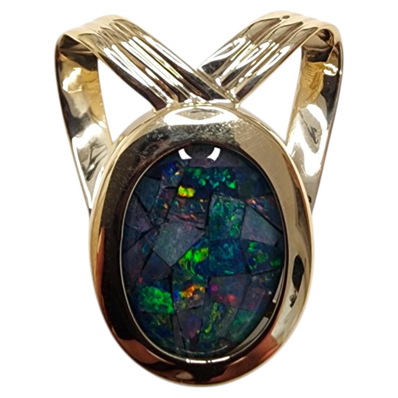 14K Yellow Gold Oval Black Opal Doublet Pendant #25527 For Sale