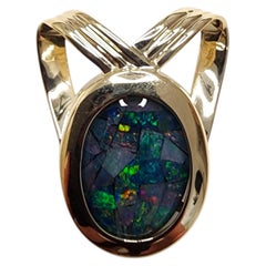 14K Yellow Gold Oval Black Opal Doublet Pendant #25527