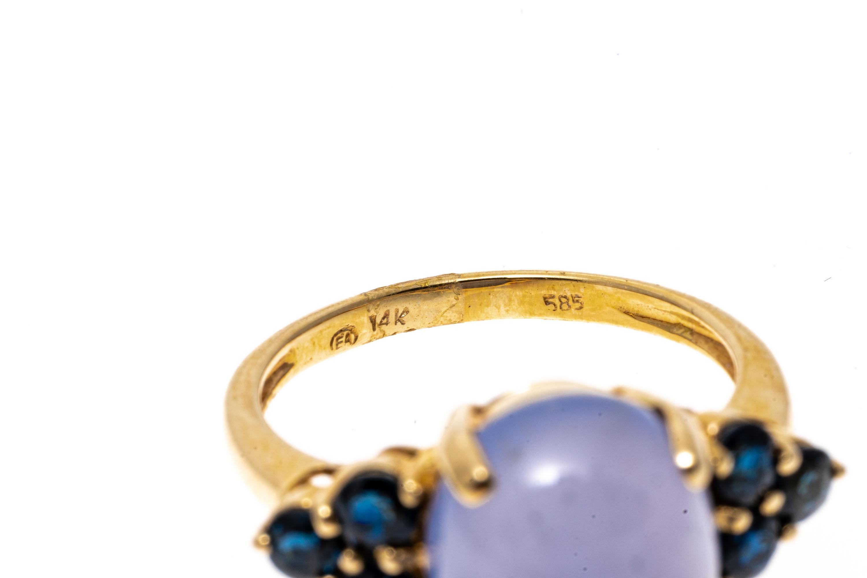 Contemporary 14k Yellow Gold Oval Blue Chalcedony and Blue Sapphire Ring For Sale