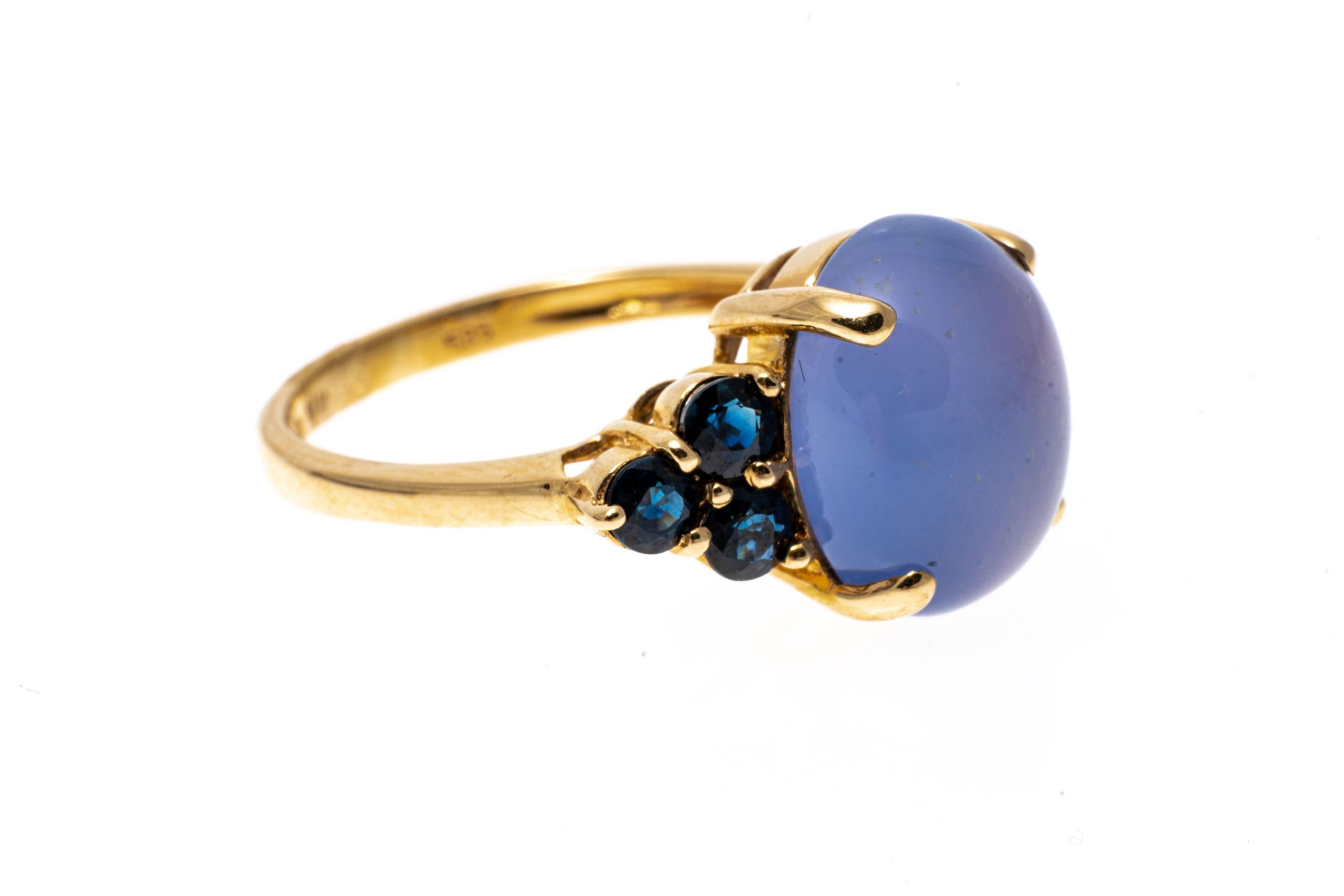 Oval Cut 14k Yellow Gold Oval Blue Chalcedony and Blue Sapphire Ring For Sale