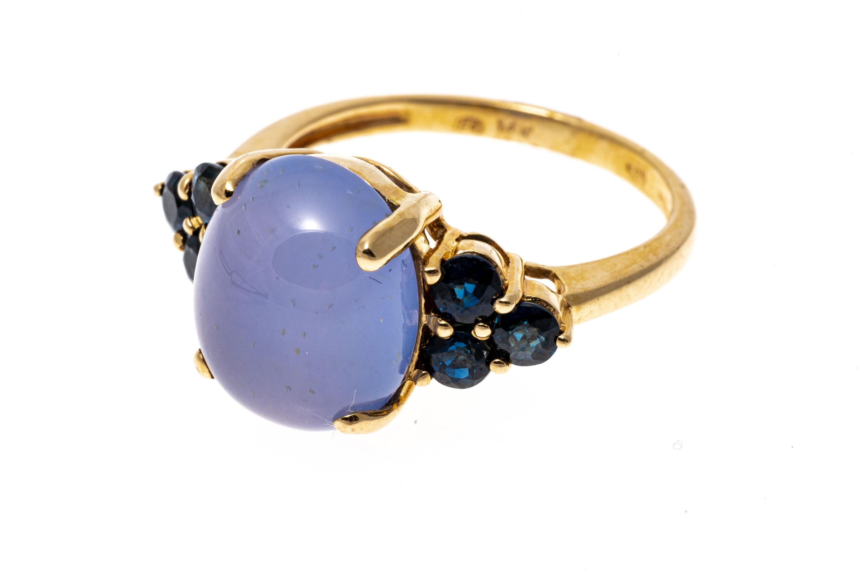 Women's 14k Yellow Gold Oval Blue Chalcedony and Blue Sapphire Ring For Sale