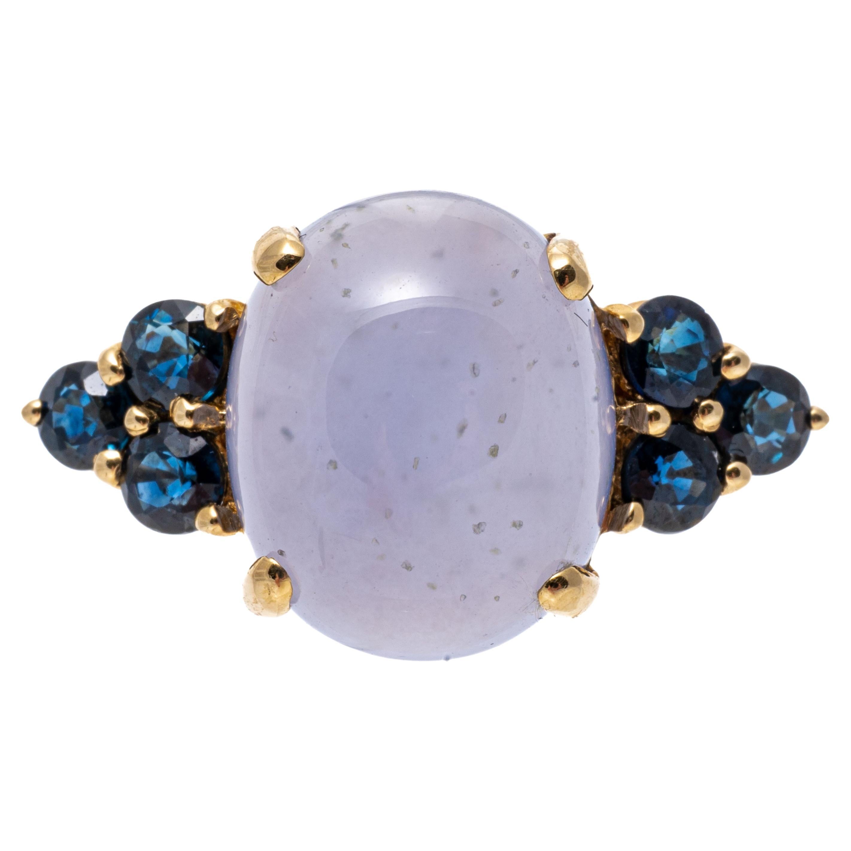 14k Yellow Gold Oval Blue Chalcedony and Blue Sapphire Ring For Sale