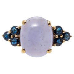 14k Yellow Gold Oval Blue Chalcedony and Blue Sapphire Ring