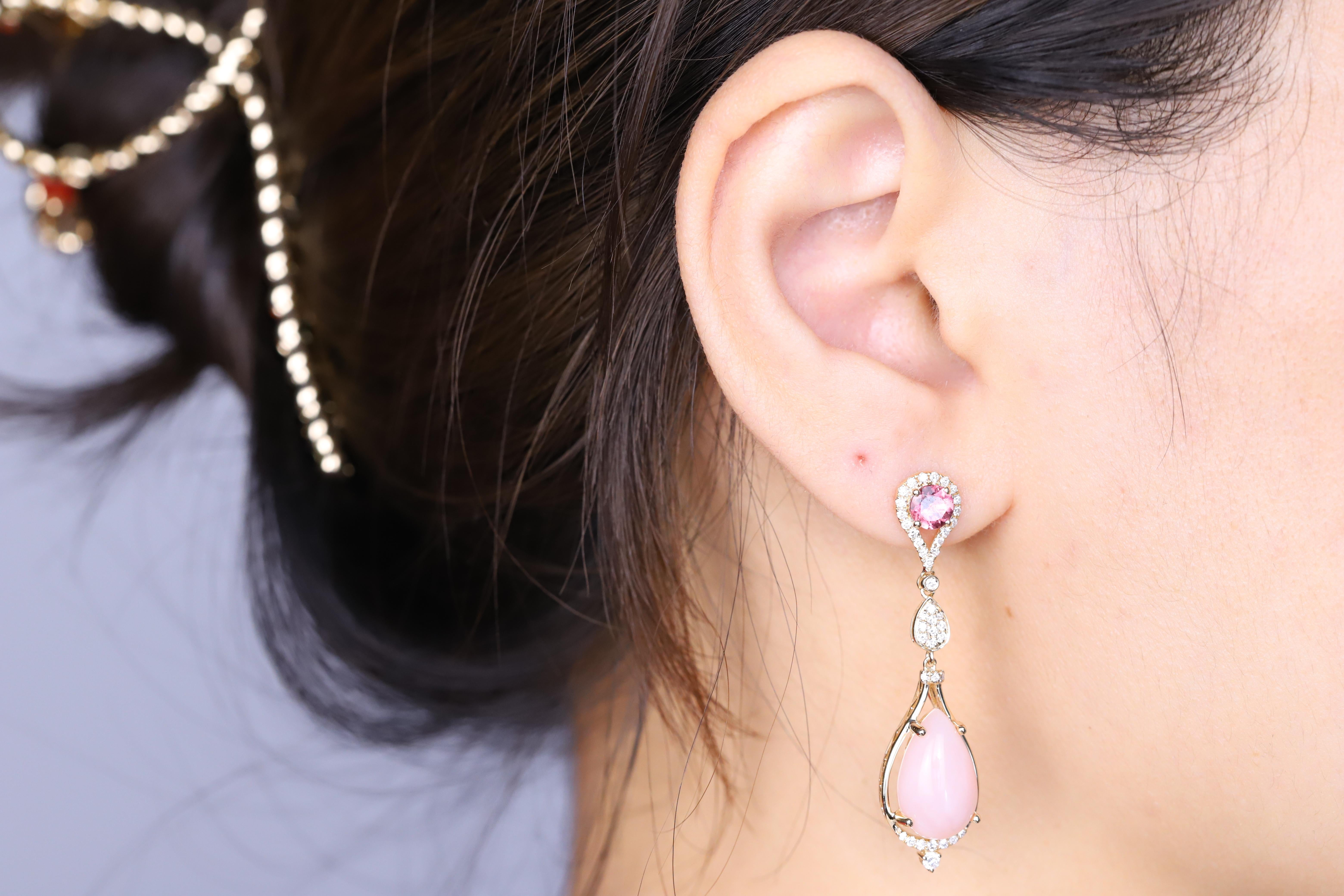 Pear Cut 14K Yellow Gold Oval-Cab Pink Opal Earrings For Sale
