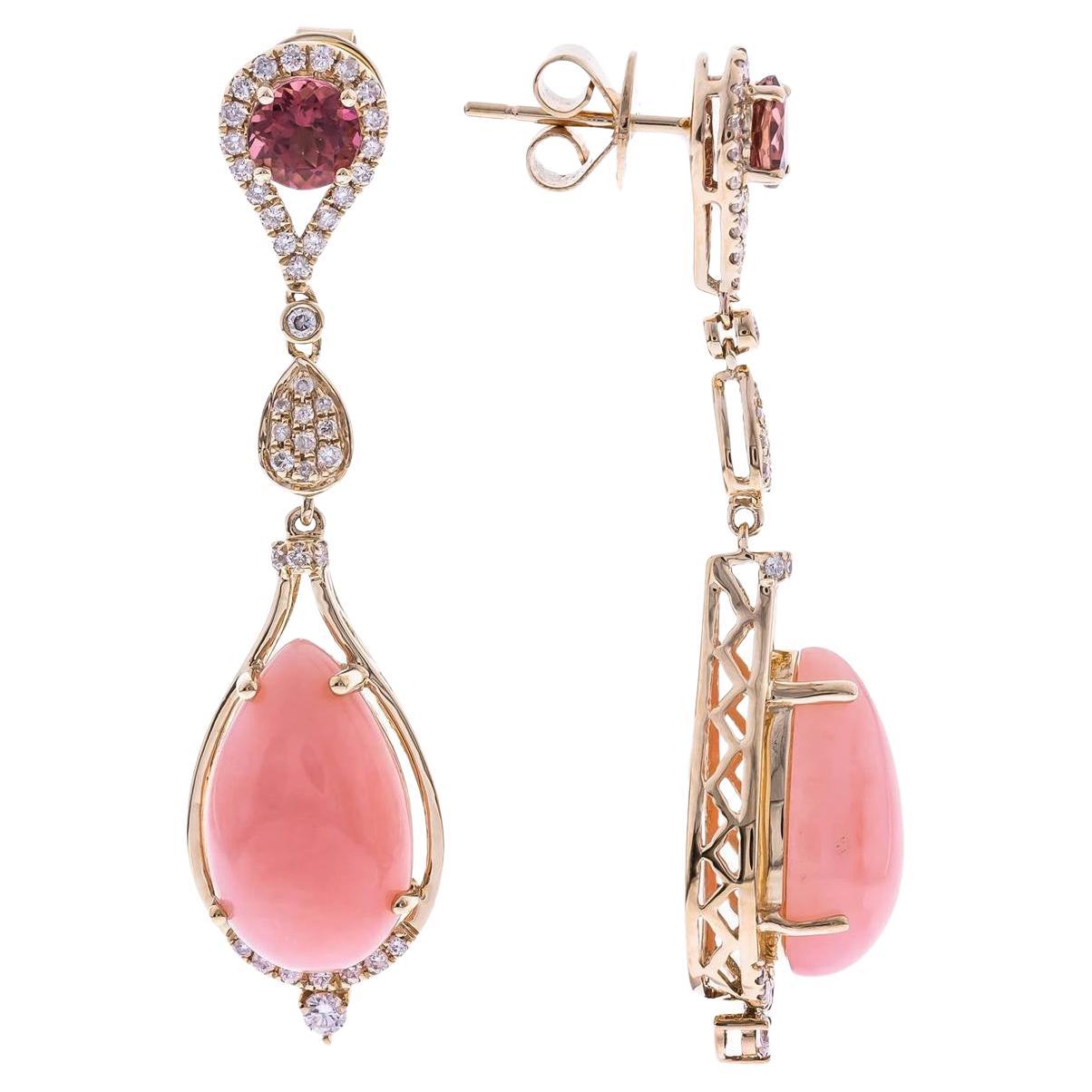 14K Yellow Gold Oval-Cab Pink Opal Earrings
