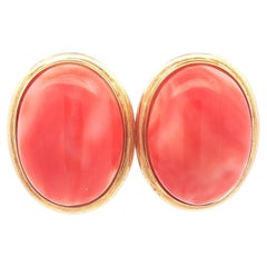 14k Yellow Gold Oval Cabochon Bezel Salmon Coral Button Omega Earrings