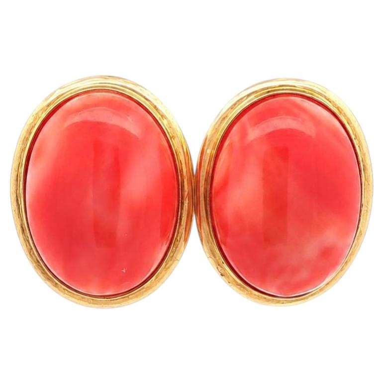 14k Yellow Gold Oval Cabochon Bezel Salmon Coral Button Omega Earrings