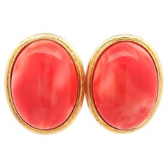 14k Yellow Gold Oval Cabochon Bezel Salmon Coral Button Omega Earrings
