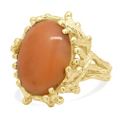 14K Yellow Gold Oval Cabochon Cut Coral Solitaire Coral Reef Ring