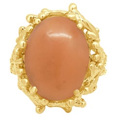 14K Yellow Gold Oval Cabochon Cut Coral Solitaire Coral Reef Ring