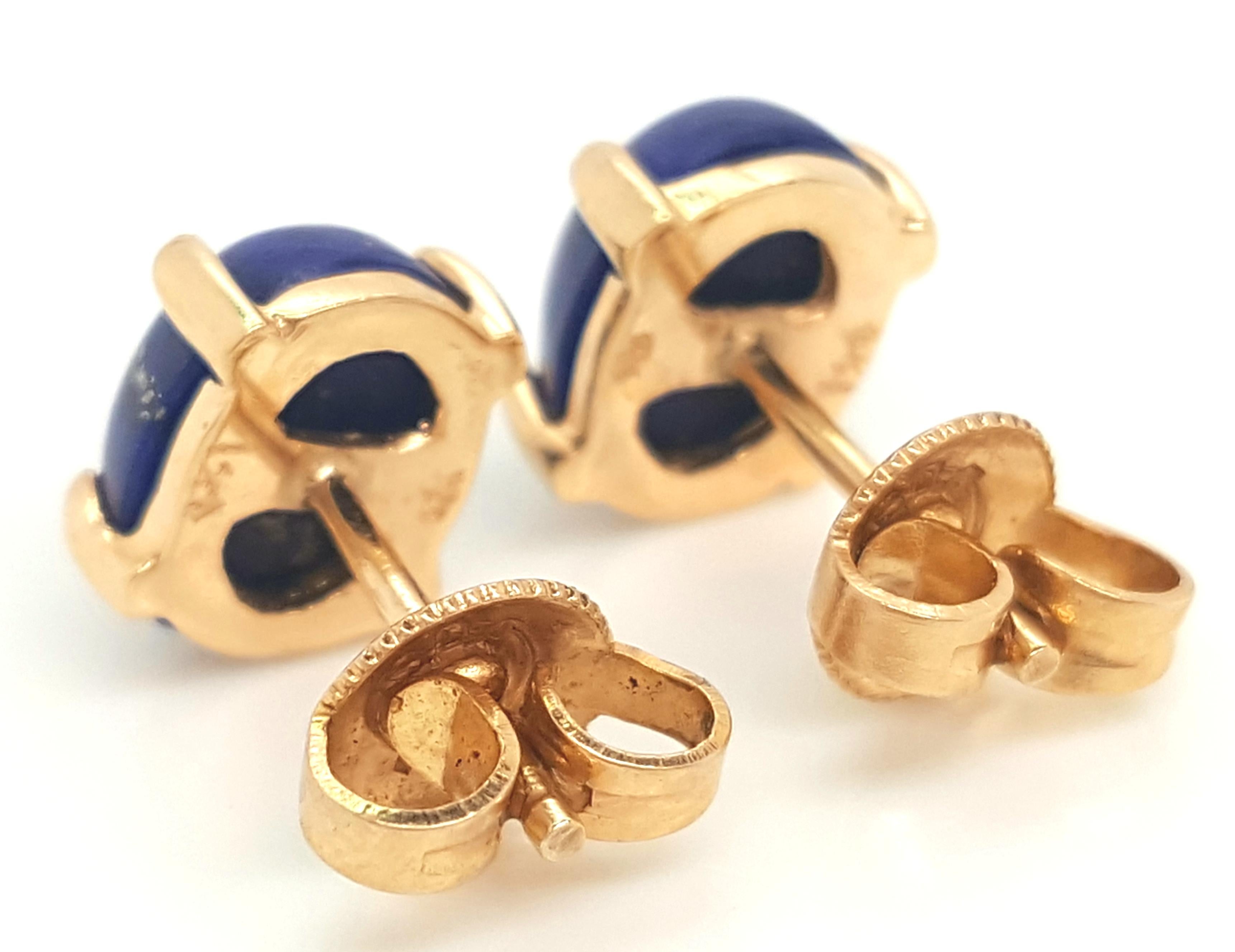Modern 14 Karat Yellow Gold Oval Cabochon Lapis Lazuli Stud Earrings