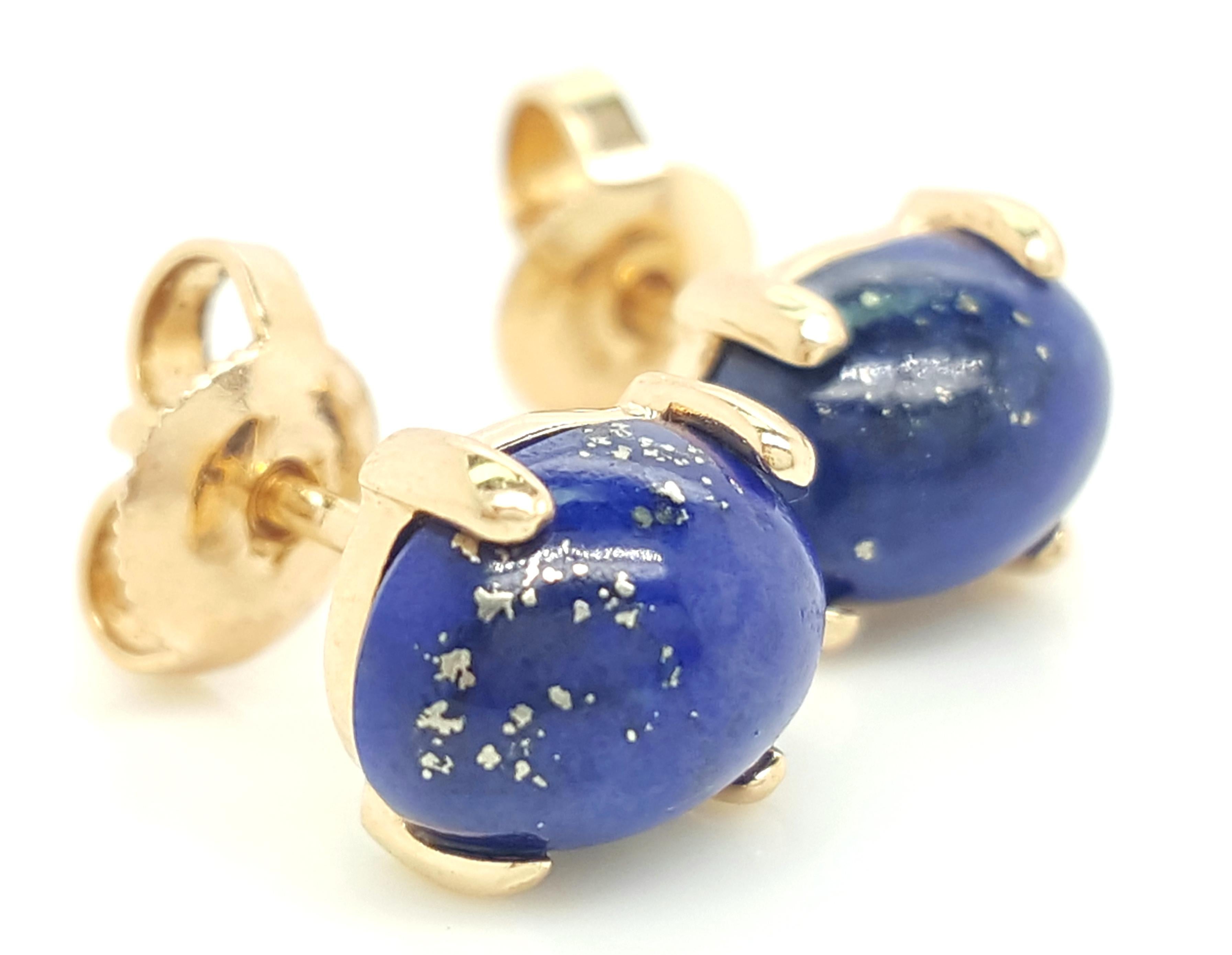 Women's or Men's 14 Karat Yellow Gold Oval Cabochon Lapis Lazuli Stud Earrings