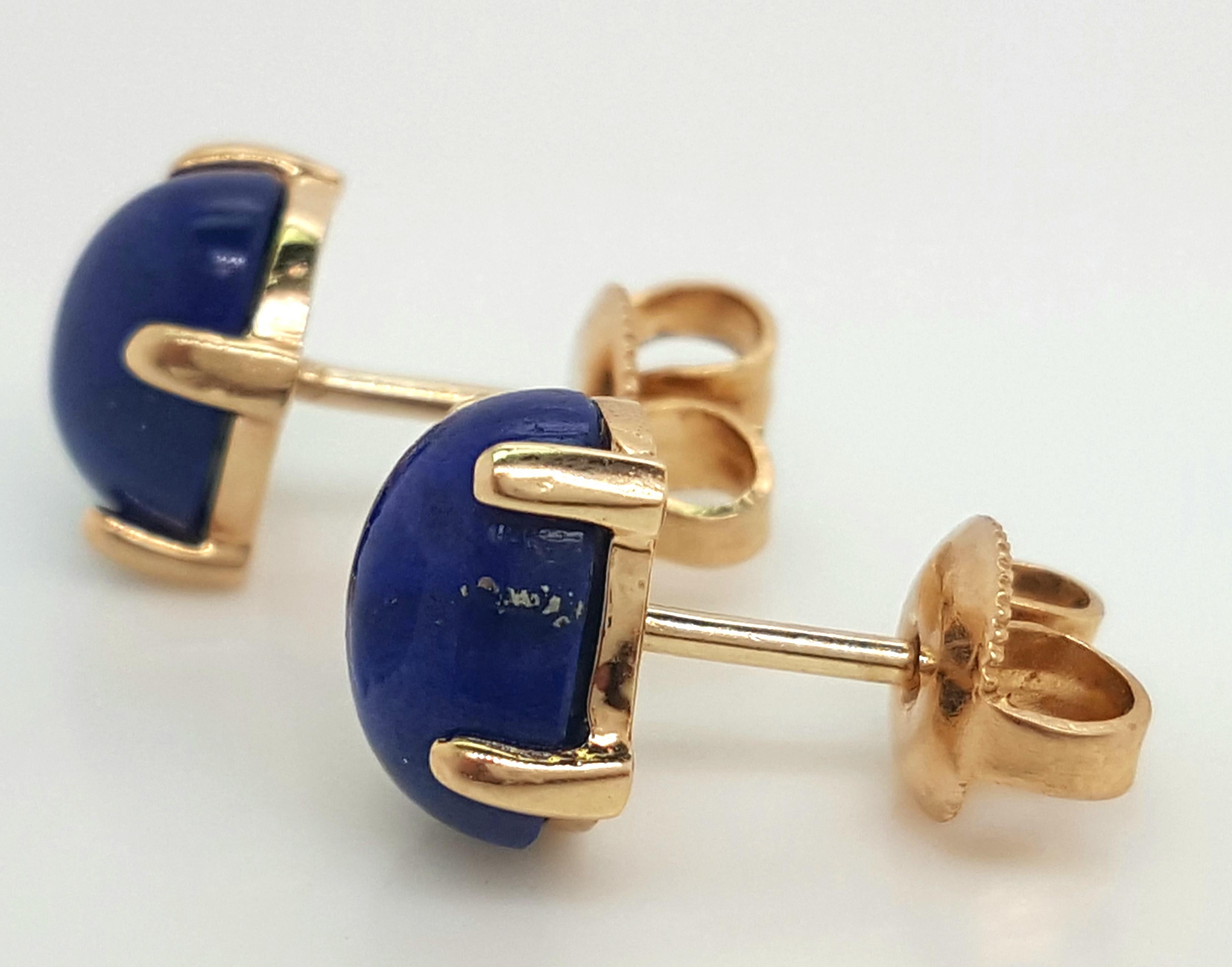 14 Karat Yellow Gold Oval Cabochon Lapis Lazuli Stud Earrings 3