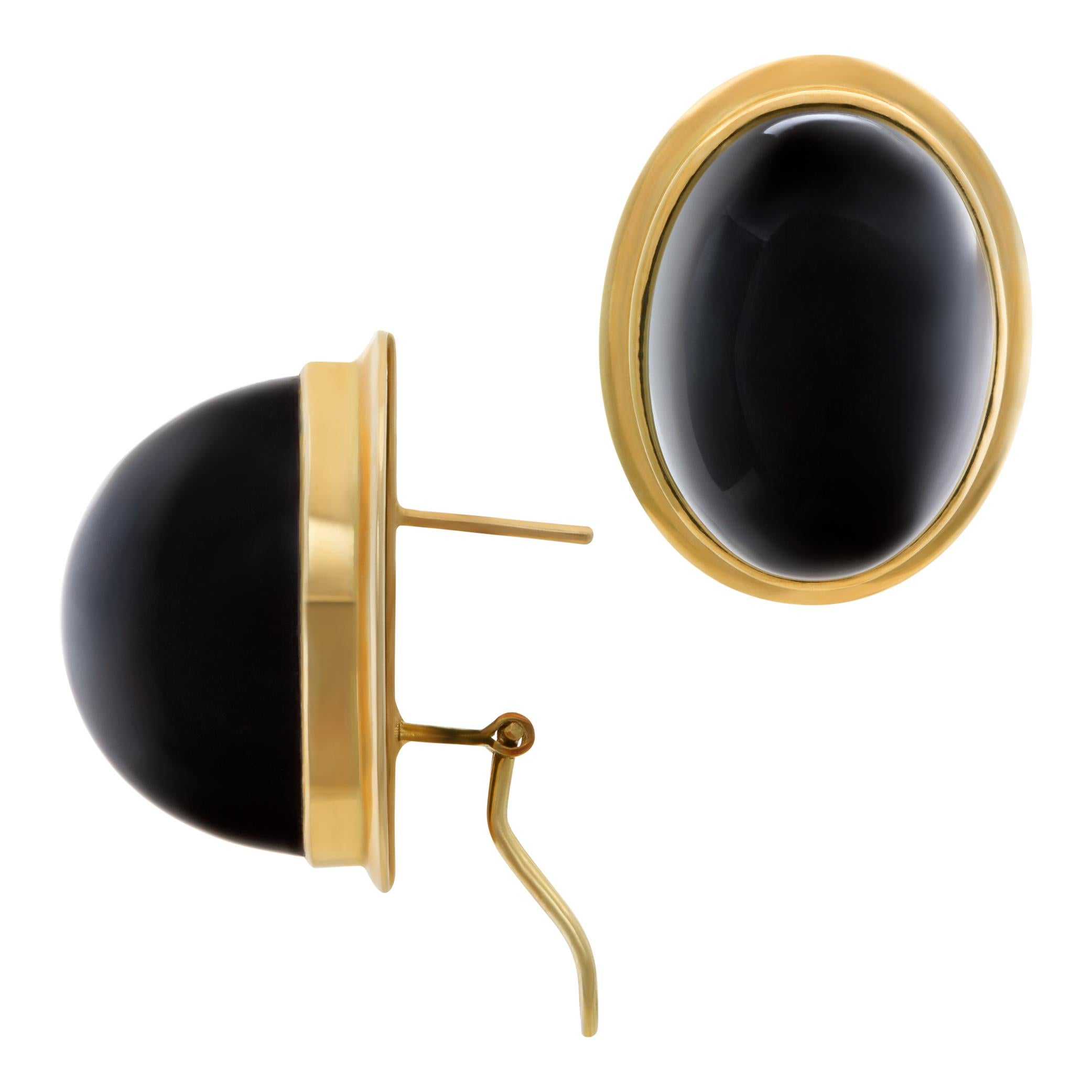Women's 14k yellow gold oval cabochon onyx earrings For Sale