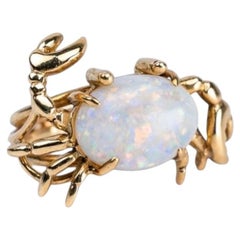 14k Gelbgold Oval Cabochon Opal Krabbe nautischen Motiv Aussage Ring
