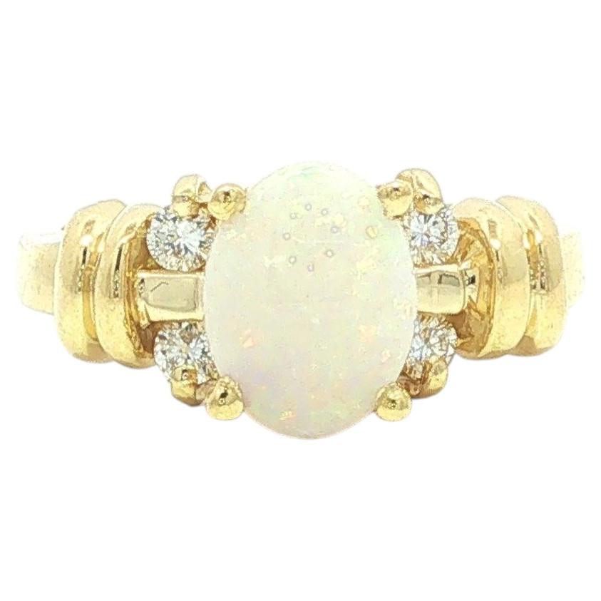 14k Yellow Gold Oval Cabochon Opal & Diamond Grooved Sides Ring For Sale