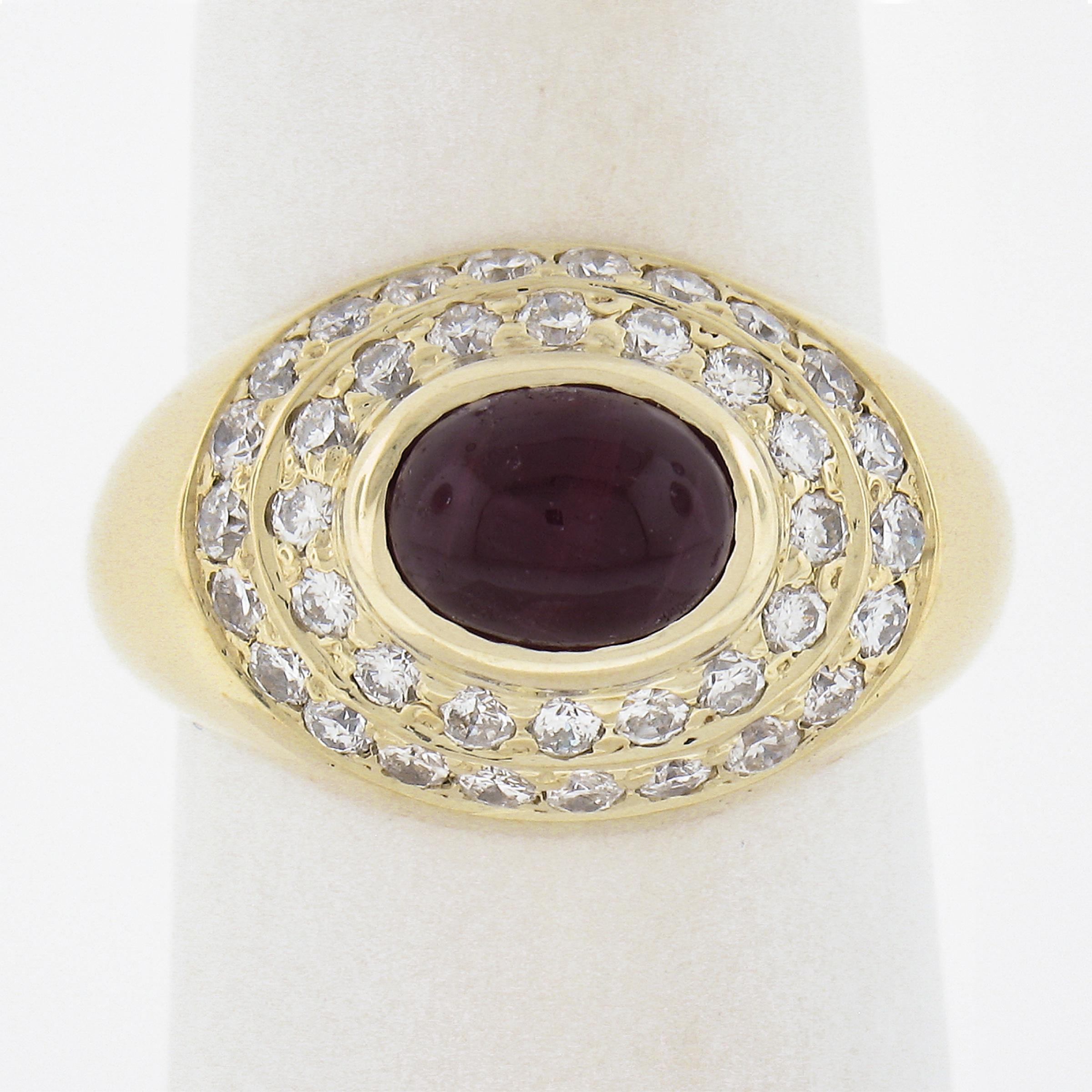 --Stone(s):--
(1) Natural Genuine Ruby - Oval Cabochon Cut - Bezel Set - Deep Red Color - 7.5x5.7mm (approx.)
(40) Natural Genuine Diamonds - Round Brilliant Cut - Pave Set - VS2-I1Clarity - G-I Color - 0.80ctw (approx.)

Material: Solid 14k Yellow