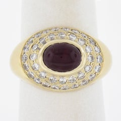 14K Yellow Gold Oval Cabochon Ruby w/ 0.80ctw Diamond Dual Halo Cocktail Ring