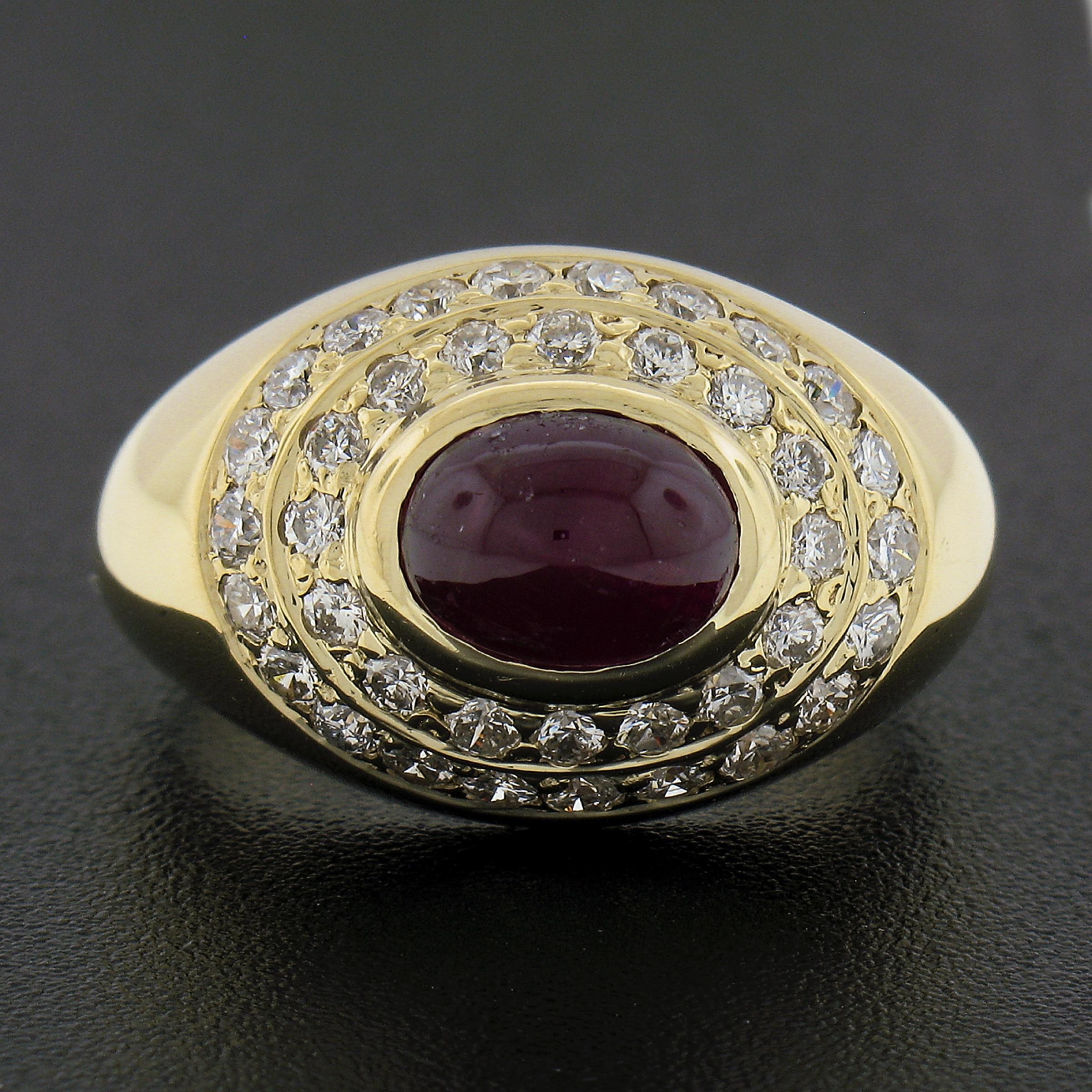 Oval Cut 14K Yellow Gold Oval Cabochon Ruby w/ 0.80ctw Diamond Dual Halo Cocktail Ring For Sale