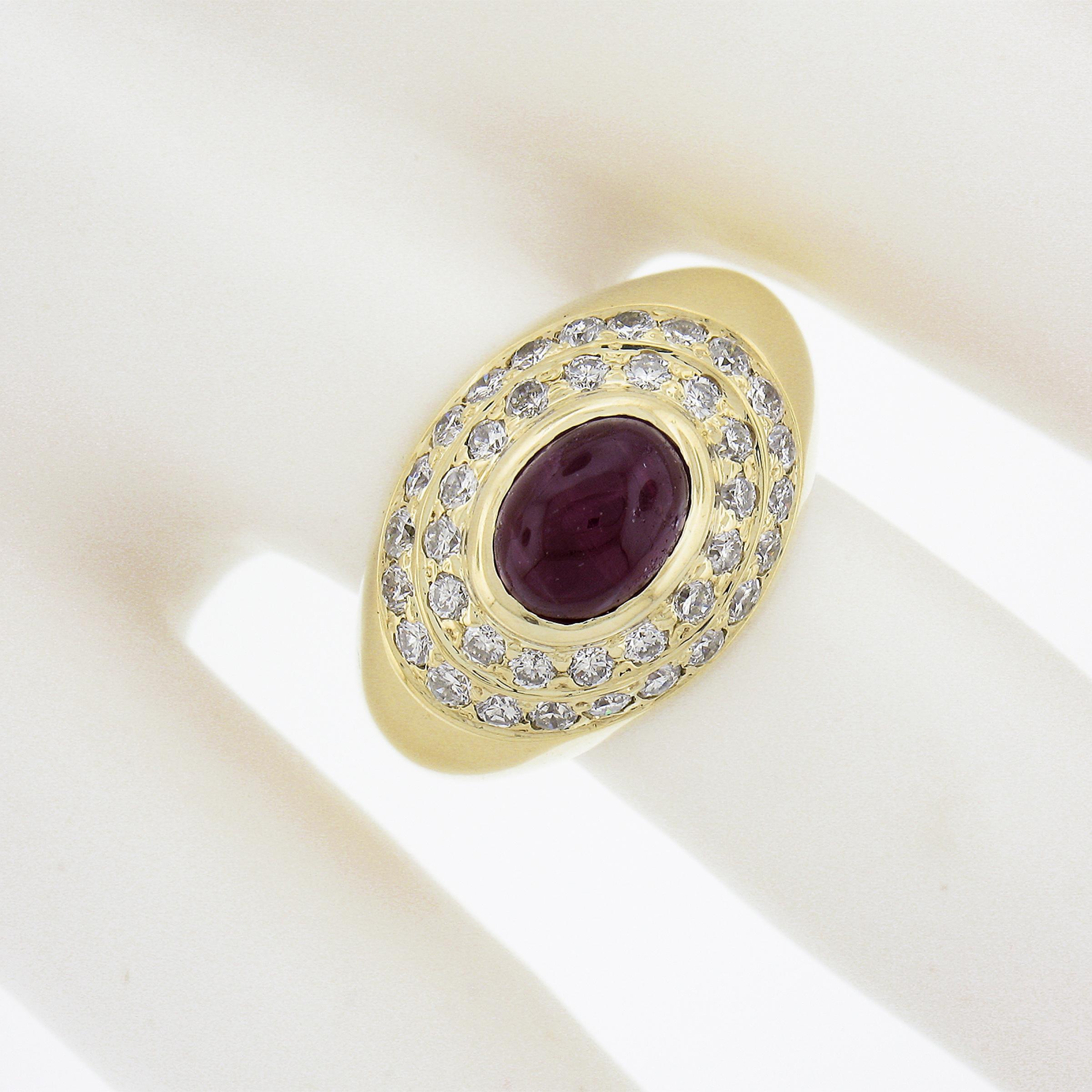 14K Yellow Gold Oval Cabochon Ruby w/ 0.80ctw Diamond Dual Halo Cocktail Ring In Excellent Condition For Sale In Montclair, NJ
