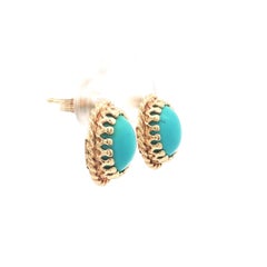 14k Yellow Gold Oval Cabochon Turquoise Twisted Wire Frame Stud Earrings