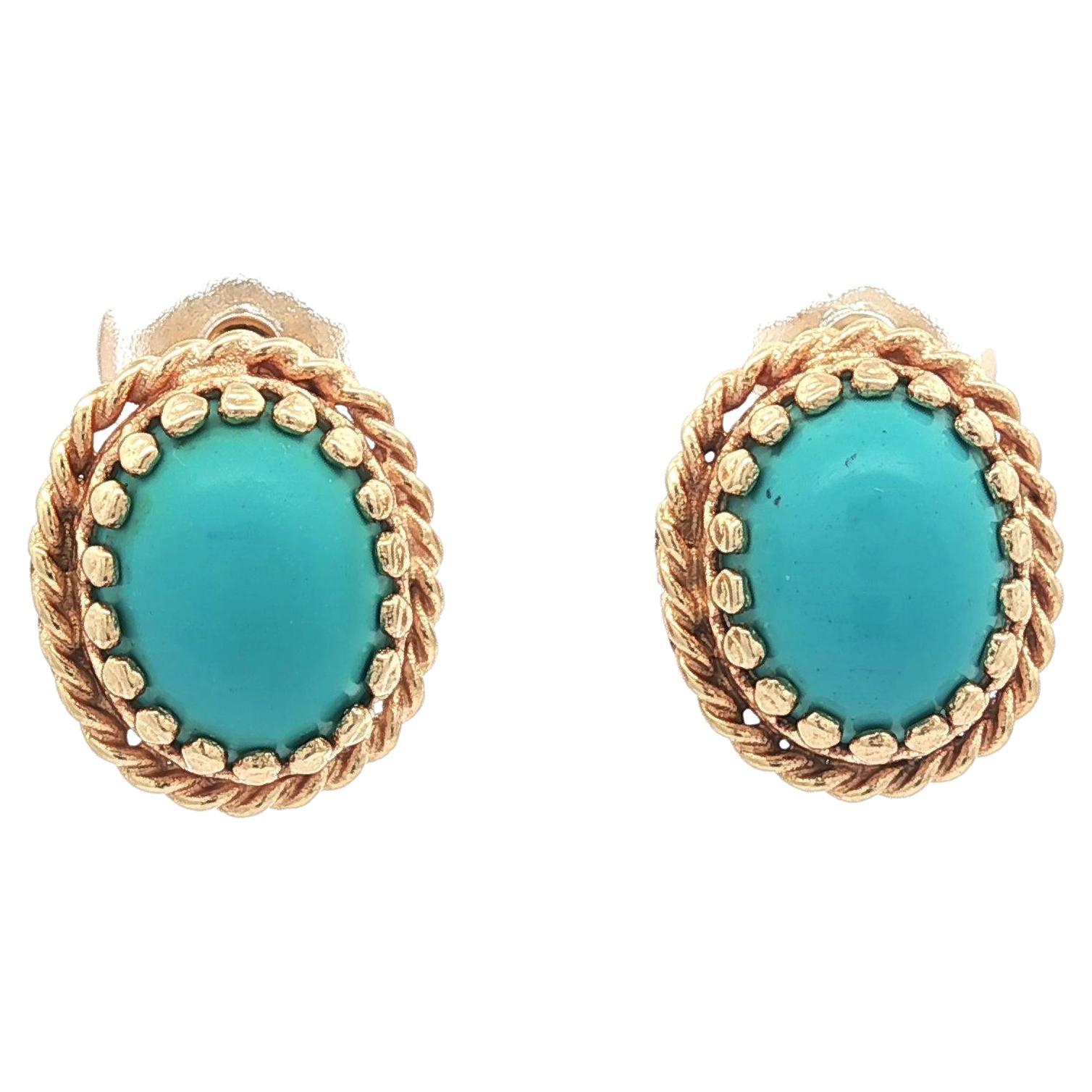 Orecchini con montatura a filo ritorto in oro giallo 14k con cabochon ovale di turchese in vendita