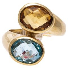 14k Yellow Gold Oval Checkerboard Blue Topaz and Citrine Bypass Ring