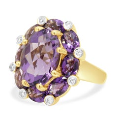 14K Yellow Gold Oval Checkerboard Cut Amethyst and Round Diamond Ring