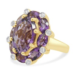 14K Yellow Gold Oval Checkerboard Cut Amethyst and Round Diamond Ring