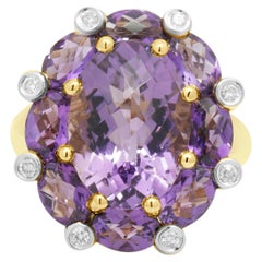 14K Yellow Gold Oval Checkerboard Cut Amethyst and Round Diamond Ring