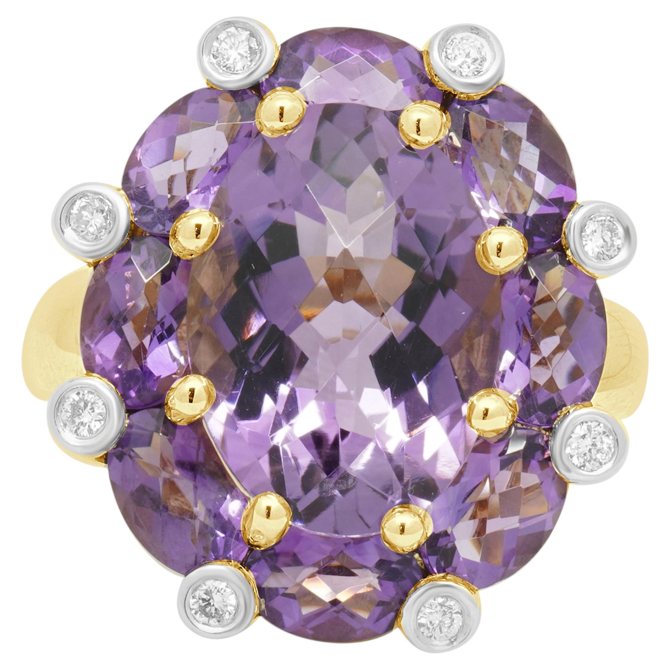 14K Yellow Gold Oval Checkerboard Cut Amethyst and Round Diamond Ring For Sale
