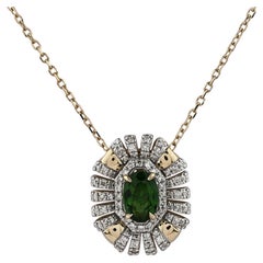 14K Yellow Gold Oval Chrome Diopside & Diamond Halo Pendant Necklace