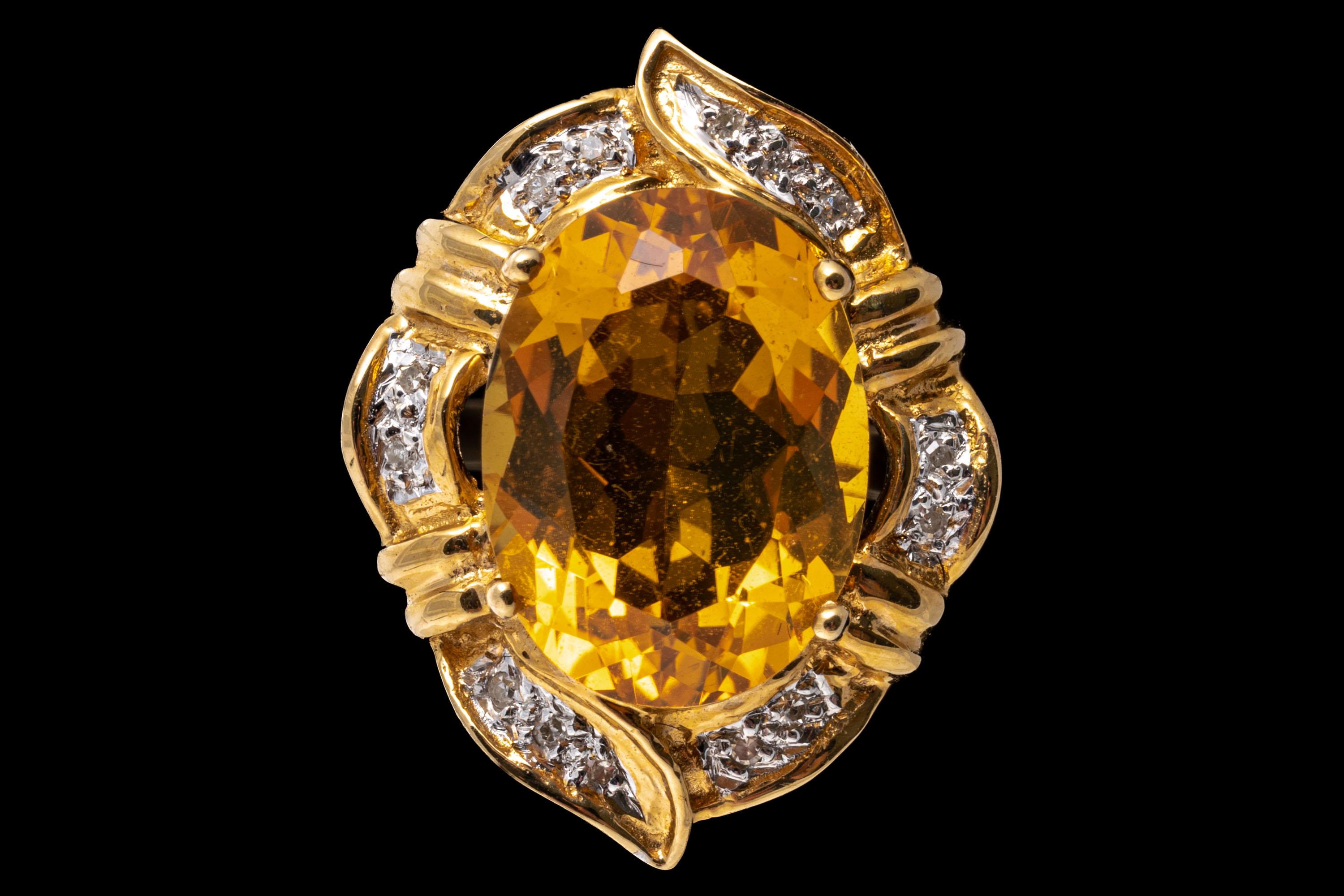 Retro 14k Yellow Gold Oval Citrine 'App. 5.26 CTS' and Diamond Framed Ring For Sale