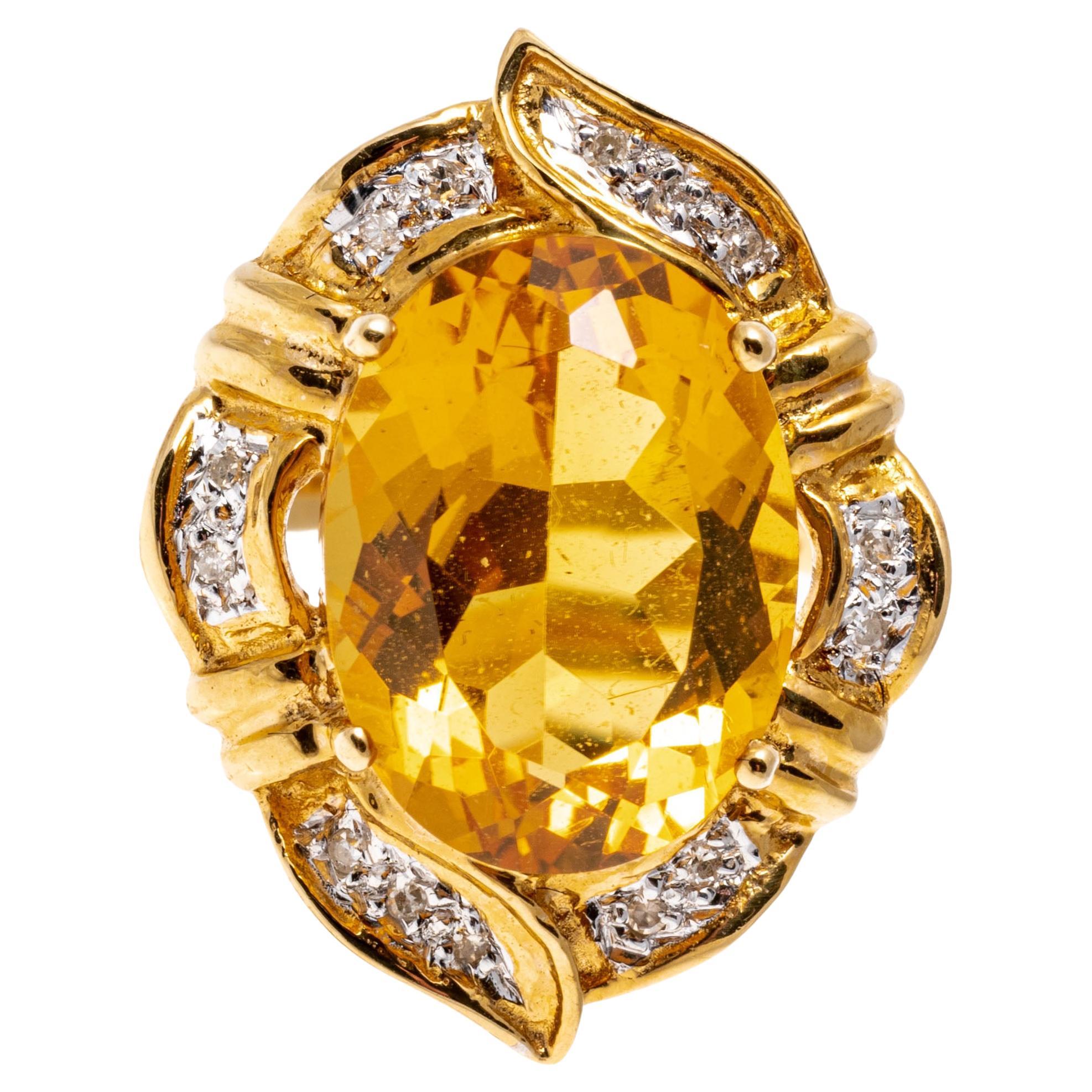 14k Yellow Gold Oval Citrine 'App. 5.26 CTS' and Diamond Framed Ring For Sale