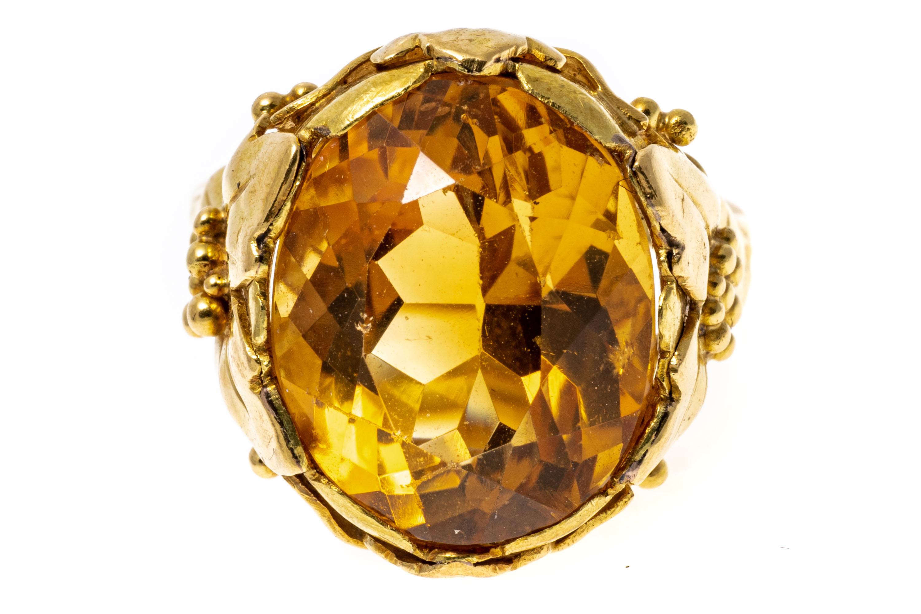 14k Yellow Gold Oval Citrine 'App. 8.84 Cts' and Flower Form Ring For Sale 2