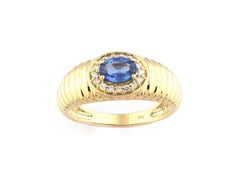 14K Yellow Gold Oval Cut Blue Sapphire and Diamond Halo Ribbed Dome Ring