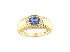 14K Yellow Gold Oval Cut Blue Sapphire and Diamond Halo Ribbed Dome Ring
