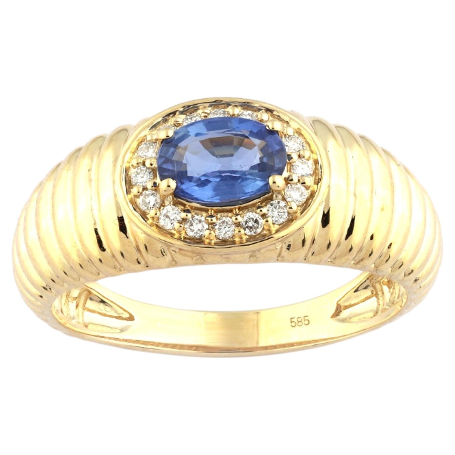 14K Gelbgold Oval Cut Blauer Saphir und Diamant Halo gerippte Kuppel Ring