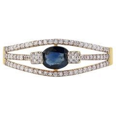 14K Yellow Gold Oval-Cut Blue Sapphire & Diamond Split Shank Ring Modern Design